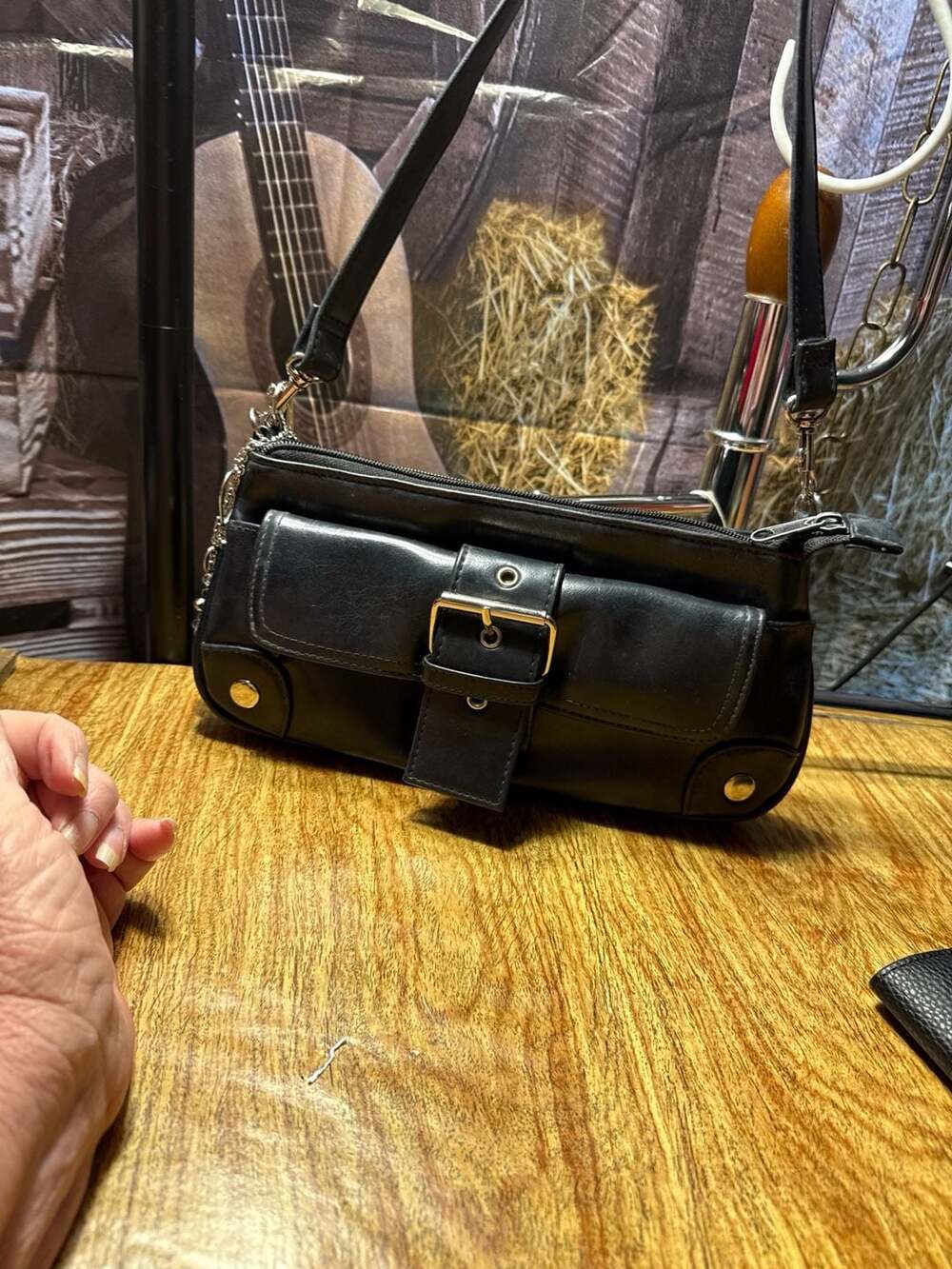 Vintage Y2K Black Faux Leather Buckle Baguette Shoulder Bag with Golf Charm